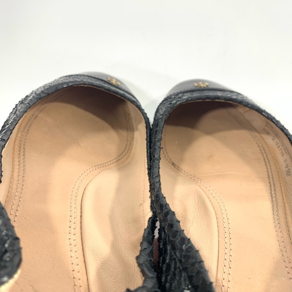 Tory Burch Sz 9 Black Cap Toe Leather Snake Skin Print Ballet Scrunch Back Flats - Picture 11 of 12